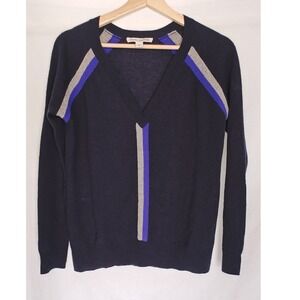 Autumn Cashmere Sweater Tennis XS Navy Blue V-Neck Striped Knit Cobalt Relaxed